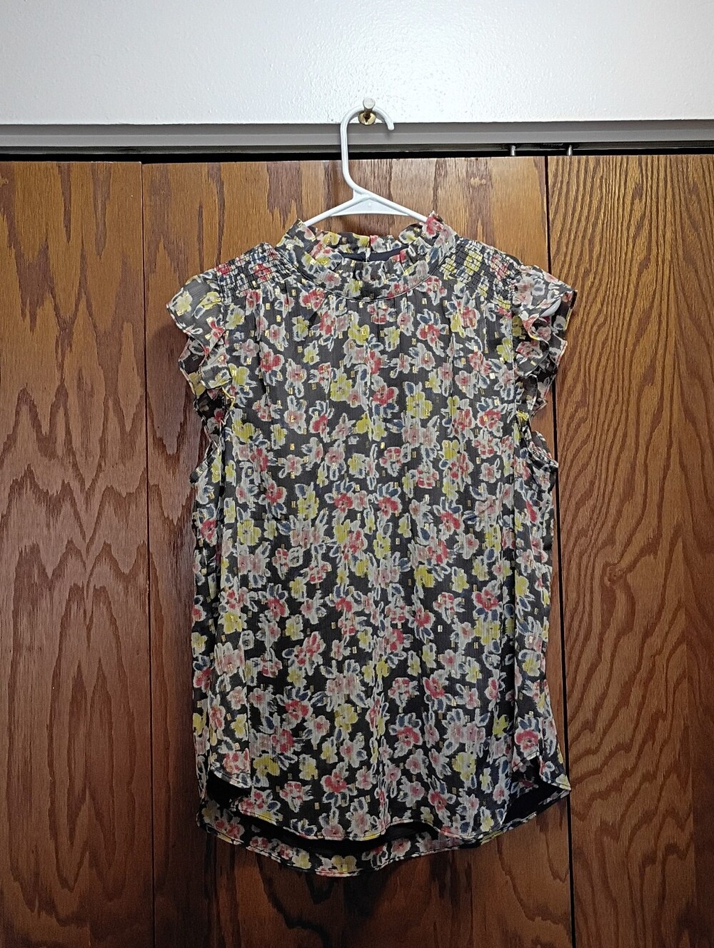 NWT Loft Floral Ruffle Sleeve Women's Blouse - Black with Pink & Yellow Flowers